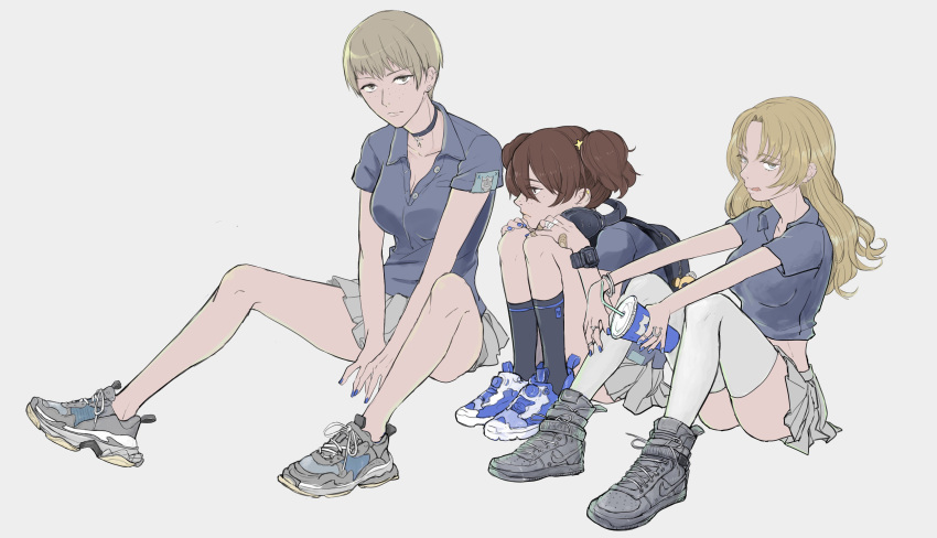 3girls absurdres alisa_(girls_und_panzer) arms_on_knees backpack bag bandages bandaid banira_(oocooocooocoo) black_socks blonde_hair blue_eyes blue_footwear blue_neckwear bracelet breasts brown_eyes brown_hair choker cleavage closed_mouth commentary cross-laced_footwear cup disposable_cup earrings emblem freckles frown girls_und_panzer grey_background grey_footwear grey_skirt hair_intakes hat_ornament headphones headphones_around_neck highres holding holding_cup hugging_own_legs jewelry kay_(girls_und_panzer) legs licking_lips light_brown_hair light_smile long_hair looking_at_viewer medium_breasts midriff miniskirt multiple_girls nail_polish naomi_(girls_und_panzer) no_legwear pleated_skirt polo_shirt saunders_(emblem) shoes short_hair short_sleeves short_twintails sitting skirt smile sneakers socks star_(symbol) star_hat_ornament thighhighs tongue tongue_out twintails v_arms very_short_hair white_legwear