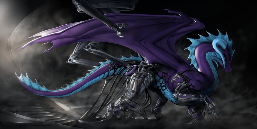 2019 blue_eyes claws digital_media_(artwork) digitigrade dracarna dragon european_mythology feral hi_res horn membrane_(anatomy) membranous_wings mythological_creature mythological_scalie mythology purple_body quadruped rakisha scalie solo spines standing tail technology transformation western_dragon wings