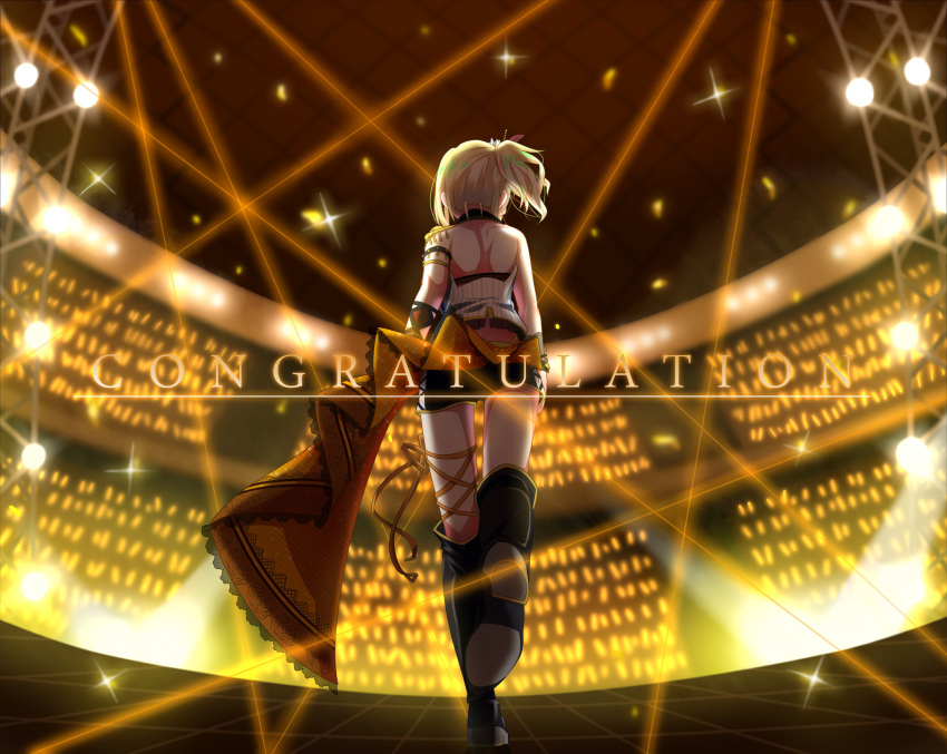 armlet backless_outfit boots commentary_request english_text female from_behind glowstick gyaru highres knee_boots leg_ribbon love_live! love_live!_nijigasaki_high_school_idol_club love_live!_school_idol_festival_all_stars meccha_going!! miniskirt miyashita_ai orange_sarong ribbon sarong skirt stage stage_lights tetetsu_(yuns4877) thigh_ribbon