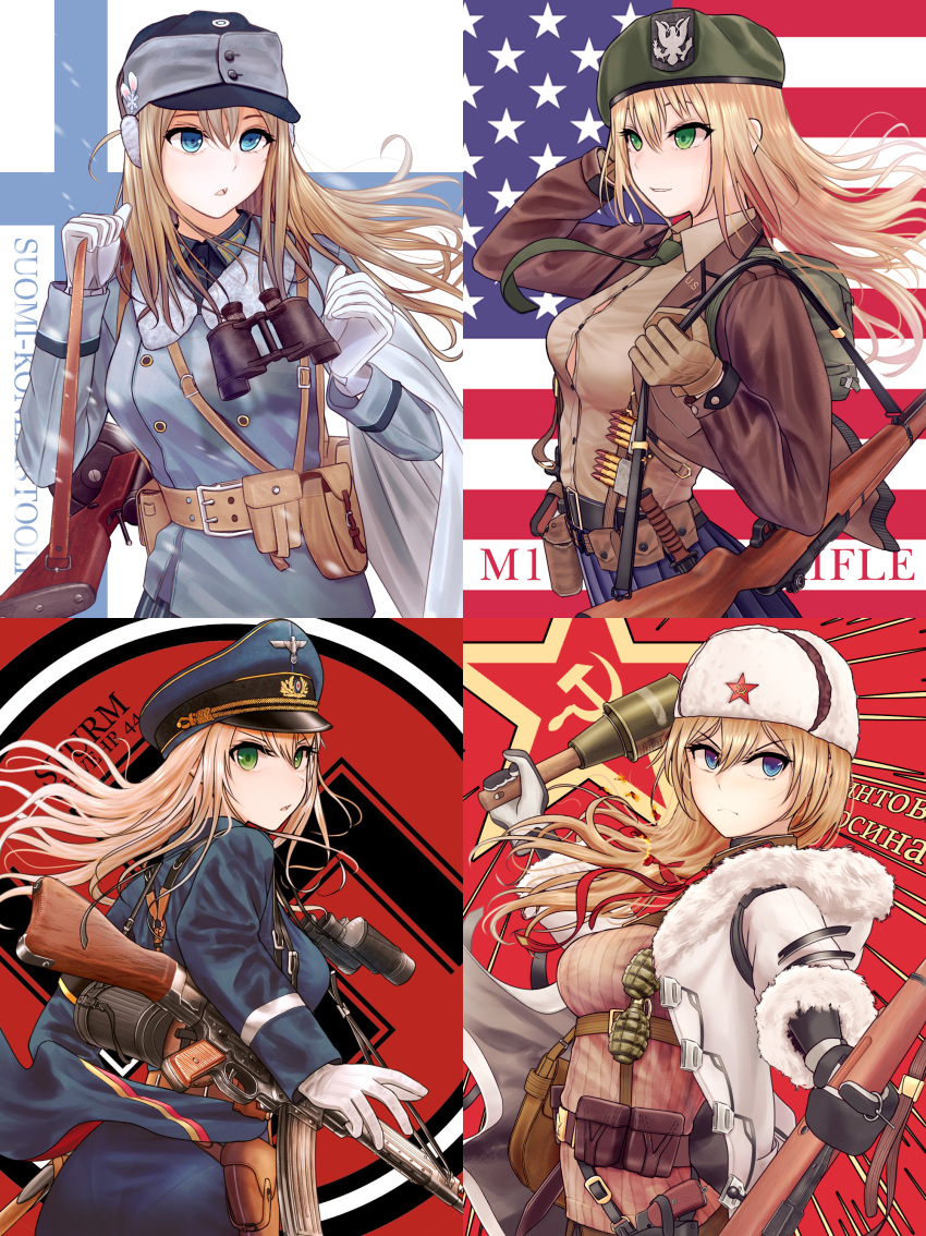 >:( 4girls absurdres american_flag ammunition_pouch ass assault_rifle averting_eyes backpack bad_id bad_pixiv_id bag belt belt_buckle belt_pouch beret binoculars black_gloves black_shirt blonde_hair blue_background blue_eyes blue_jacket blue_skirt bolt_action breasts brown_bag brown_belt brown_jacket brown_shirt brown_sweater buckle buttons canteen character_name clip_(weapon) closed_mouth coat coat_of_arms collar_tabs collared_coat collared_shirt commentary commentary_request cowboy_shot cuff_title cyrillic double-breasted earmuffs explosive f-1_grenade_(soviet) field_cap finland finnish_flag finnish_text flag_background floating_neckwear from_side frown fur-trimmed_coat fur-trimmed_sleeves fur_collar fur_hat fur_trim gas_mask_canister germany girls'_frontline gloves green_bag green_eyes green_headwear green_necktie grenade grenade_pin grey_coat gun gun_sling hair_between_eyes hair_ornament hair_tie hair_undone hammer_and_sickle hand_in_own_hair handgun hat hat_ornament highres holding holding_grenade holding_weapon holster holstered hood hood_down hooded_coat jacket knife lapels load_bearing_equipment long_hair long_sleeves looking_back looking_to_the_side m1911 m1_garand m1_garand_(girls'_frontline) medium_breasts military military_coat military_hat military_jacket military_uniform mosin-nagant mosin-nagant_(girls'_frontline) mosin-nagant_(mod3)_(girls'_frontline) multicolored_background multiple_girls multiple_straps nagant_m1895 necktie notched_lapels open_clothes open_coat over_shoulder pantylines pouch red_background red_necktie red_star reichsadler revolver ribbed_sweater rifle russian_text satchel shirt sidelocks skirt smile soviet star_(symbol) star_hair_ornament stg44 stg44_(girls'_frontline) stick_grenade submachine_gun suomi_(girls'_frontline) suomi_kp/-31 swastika sweater turisasu two-tone_gloves uniform united_states upper_body ushanka v-shaped_eyebrows weapon weapon_over_shoulder white_background white_coat white_gloves white_headwear world_war_ii