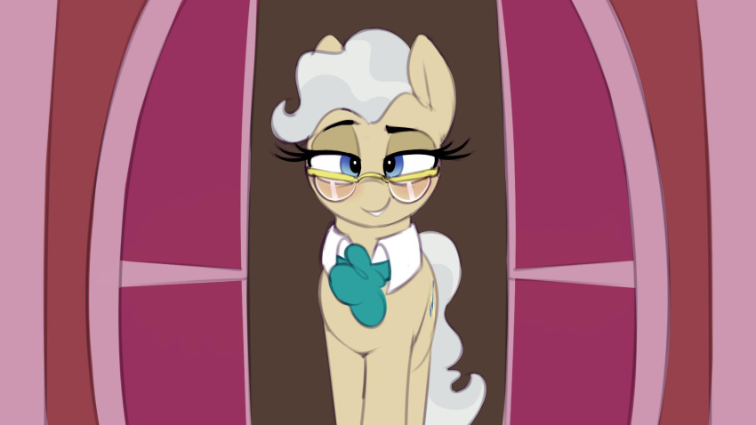 16:9 2019 blue_eyes blush cutie_mark earth_pony equid equine eyelashes eyewear female feral friendship_is_magic fur glasses hair half-closed_eyes hasbro hi_res horse looking_at_viewer mammal mature_female mature_feral mayor_mare_(mlp) my_little_pony narrowed_eyes pony shinodage smile solo tan_body tan_fur teeth white_hair widescreen