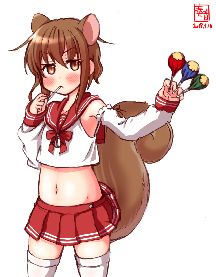 alternate_costume animal_ears armpits artist_logo azur_lane blush brown_eyes brown_hair candy chupa_chups commentary_request cosplay cowboy_shot crop_top dated detached_sleeves eating female flat_chest food hair_ornament highres historical_name_connection kanon_(kurogane_knights) kantai_collection lifted_by_tail lollipop long_sleeves looking_at_viewer midriff miniskirt name_connection navel pleated_skirt red_sailor_collar red_skirt revision sailor_collar school_uniform serafuku shirt short_hair signature simple_background skirt smile solo squirrel_ears squirrel_tail standing tail tail_raised thighhighs v-shaped_eyebrows wakaba_(azur_lane) wakaba_(azur_lane)_(cosplay) wakaba_(kancolle) white_background white_shirt white_thighhighs zettai_ryouiki