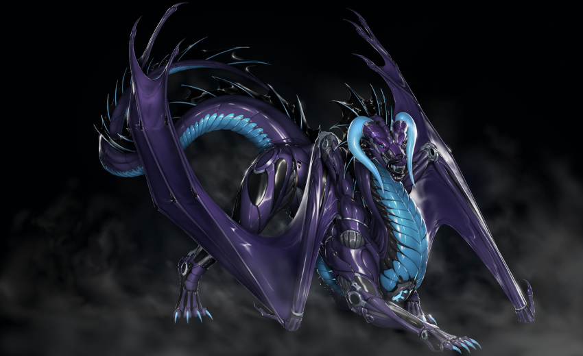 2019 android black_tongue blue_claws blue_eyes claws curved_horn cybernetics digital_media_(artwork) digitigrade dracarna dragon european_mythology feral hi_res horn machine mechanical_dragon membrane_(anatomy) membranous_wings mythological_creature mythological_scalie mythology open_mouth purple_body purple_skin quadruped rakisha robot scalie solo spines standing tail teeth toe_claws tongue western_dragon wings