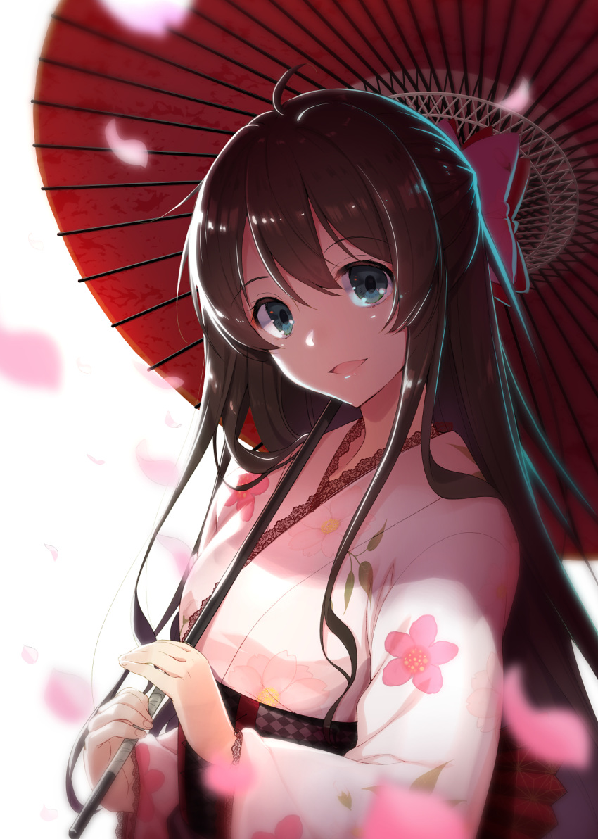 :d akahito bad_id bad_pixiv_id blue_eyes blurry blurry_foreground blush breasts brown_hair commentary_request female floral_print green_eyes hair_ribbon head_tilt highres holding holding_umbrella japanese_clothes kimono lace lace-trimmed_kimono lace_trim long_hair looking_at_viewer medium_breasts obi oil-paper_umbrella open_mouth petals pink_kimono ribbon sash sidelocks smile solo tamasaka_makoto tokyo_7th_sisters umbrella upper_body very_long_hair