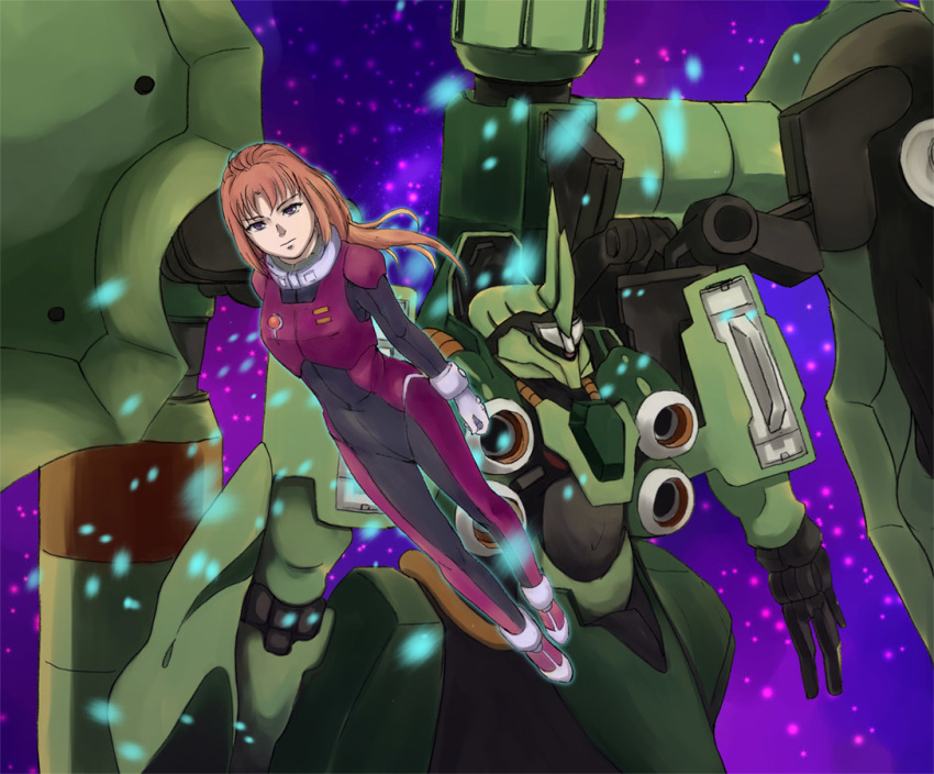 bodysuit breasts brown_hair closed_mouth commentary_request female gloves graphite_(medium) groin gundam gundam_unicorn kshatriya kuroinu_(lock_heart) long_hair looking_at_viewer marida_cruz photoshop_(medium) pilot_suit ponytail solo traditional_media