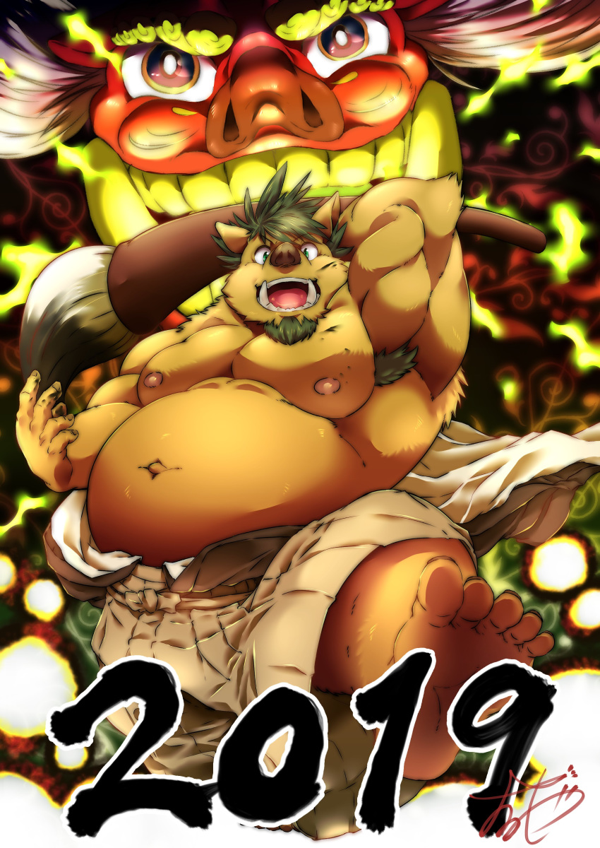 2019 5_toes absurd_res anthro armpit_hair asian_clothing belly body_hair bottomwear brown_body brown_fur brush chinese_new_year chinese_zodiac clothing duo east_asian_clothing facial_hair feet fur goatee green_eyes green_hair hair hakama hi_res holding_ink_brush holidays ink_brush japanese_clothing kemono looking_at_viewer lost_out_gi male mammal musclegut muscular navel new_year new_year_2019 nipples open_mouth open_smile outie_navel pecs smile suid suina sus_(pig) toes tusks wild_boar year_of_the_pig