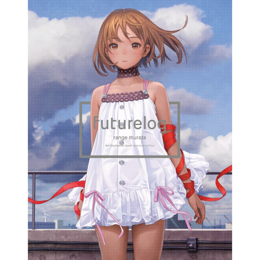 bangs bare_shoulders blue_sky blurry blurry_background brown_eyes brown_hair choker closed_mouth commentary_request cowboy_shot day depth_of_field dress eyebrows_visible_through_hair female highres looking_at_viewer original outdoors railing red_string short_dress sky solo standing string vanilla_(miotanntann) white_dress