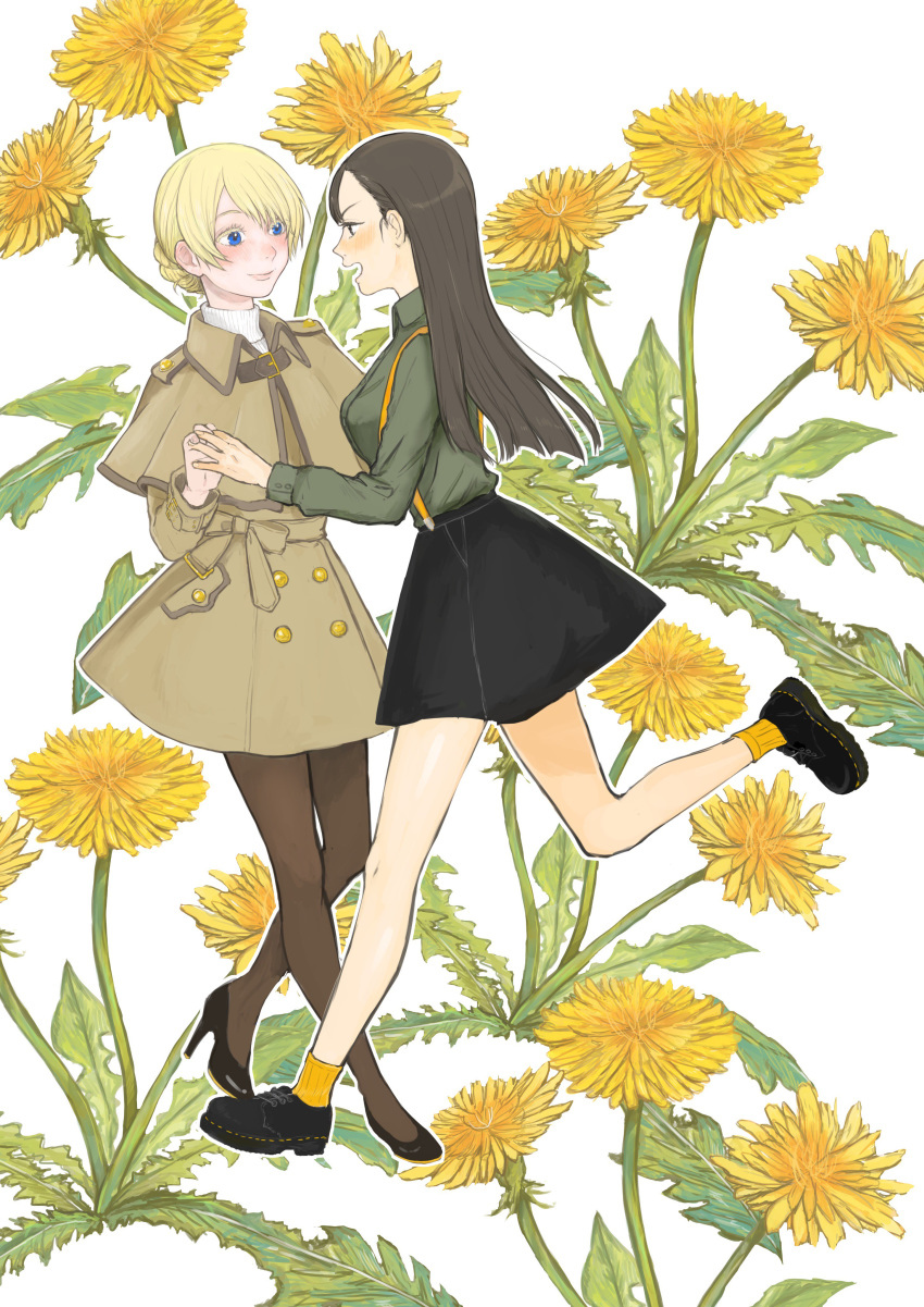 2girls absurdres banira_(oocooocooocoo) black_footwear black_hair black_pantyhose blonde_hair blue_eyes braid brown_capelet brown_coat capelet casual closed_eyes closed_mouth coat collared_shirt commentary dandelion darjeeling_(girls_und_panzer) eyelashes flower girls_und_panzer green_shirt high_heels highres holding leg_up long_hair looking_at_another miniskirt multiple_girls nishi_kinuyo open_mouth orange_legwear pantyhose shirt short_hair skirt smile standing standing_on_one_leg suspenders tied_hair trench_coat walking