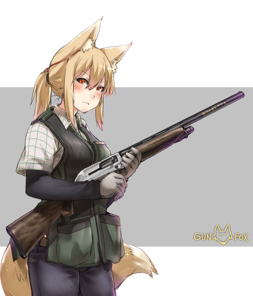 animal_ears animal_humanoid ayyh15 beretta blonde_hair blush bottomwear breasts canid canid_humanoid canine canine_humanoid clothed clothing collared_shirt denim denim_bottomwear denim_clothing female fluffy fluffy_tail fox_humanoid fox_tail fully_clothed fur gloves gun hair handwear hi_res holding_gun holding_object holding_ranged_weapon holding_shotgun holding_weapon humanoid inner_ear_fluff jeans long_sleeve_shirt looking_at_viewer mammal mammal_humanoid pants pattern_clothing pattern_shirt pattern_topwear ponytail ranged_weapon red_eyes reloading shirt shotgun solo standing striped_clothing striped_shirt striped_topwear stripes tail tailed_humanoid tan_body tan_fur topwear tuft vest weapon