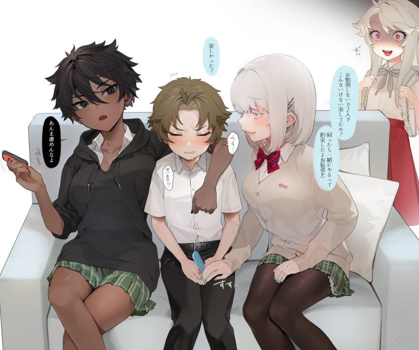 1boy 3girls bad_id bad_twitter_id black_eyes black_hair black_nails black_pants black_pantyhose blush bow bowtie brown_hair closed_eyes collared_shirt dark-skinned_female dark_skin green_skirt herme_(ohisashiburi) highres hood hoodie long_hair long_sleeves micchan_(ohisashiburi) multiple_girls nacchan_(ohisashiburi) nail_polish ohisashiburi open_mouth original pants pantyhose parted_lips pillow pleated_skirt red_eyes red_skirt shirt short_hair short_sleeves sitting skirt teeth tomboy translation_request white_hair white_shirt