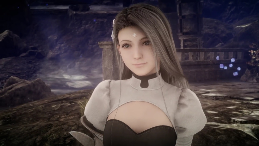 3d facial_mark female final_fantasy final_fantasy_xv forehead_mark grey_eyes grey_hair highres long_hair sara_(terra_battle) smile square_enix terra_battle