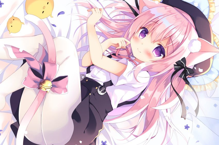 animal animal_ears ass azur_lane bell bird blush bow catgirl flowers hat heart kisaragi_(azur_lane) long_hair pantyhose pink_hair purinko purple_eyes ribbons shirt skirt tail