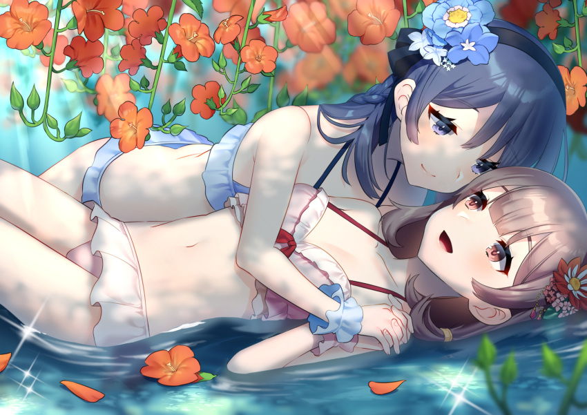 2girls :d akagi_kurage bare_arms bare_shoulders bikini blue_bikini blue_eyes blue_flower blue_hair breasts brown_hair cleavage closed_mouth collarbone commentary_request dark_blue_hair day eye_contact flower flower_on_liquid frilled_bikini frills hair_flower hair_ornament highres holding_hands interlocked_fingers light_particles light_rays long_hair looking_at_another lying medium_breasts multiple_girls navel on_back open_mouth orange_flower original outdoors partially_submerged petals petals_on_liquid pink_bikini pink_flower red_eyes smile sparkle stomach sunbeam sunlight swimsuit trumpet_creeper water yuri