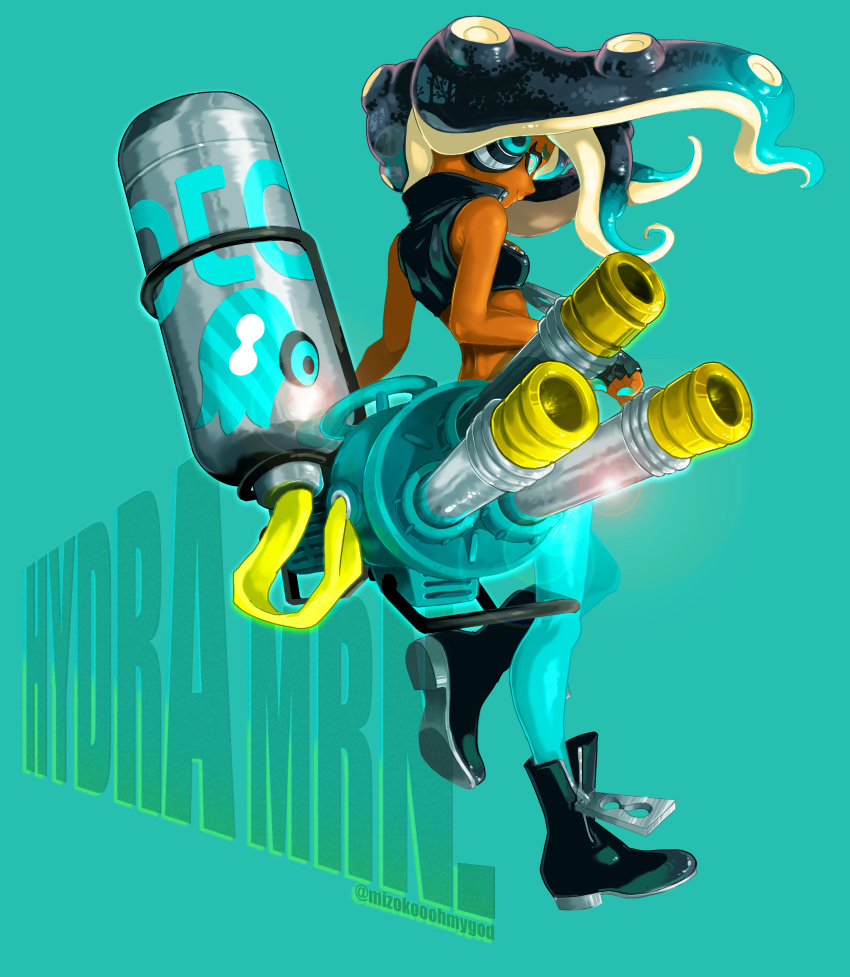 absurdres aqua_background bare_shoulders black_footwear black_gloves black_hair blue_eyes blue_hair blue_pantyhose blue_skin boots closed_mouth colored_skin commentary_request crop_top dark-skinned_female dark_skin female fingerless_gloves floating_hair full_body gloves gradient_hair headphones highres hydra_splatling_(splatoon) leg_up lens_flare long_hair marina_(splatoon) multicolored_hair multicolored_skin octoling otoboke-san pantyhose pantyhose_under_shorts pink_pupils shorts sleeveless smile solo splatoon_(series) splatoon_2 suction_cups tentacle_hair twitter_username two-tone_hair two-tone_skin zipper_pull_tab