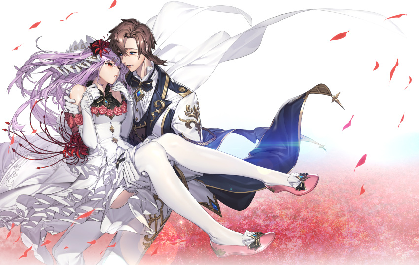 1boy absurdres bad_id bad_pixiv_id bare_shoulders blue_eyes bow bowtie breasts bride brooch brown_hair carrying chains commentary_request copyright_name couple dress dress_flower elbow_gloves eye_contact female floating_hair flower formal frills garter_straps gem gloves gold_trim groom hair_between_eyes hair_flower hair_ornament hair_ribbon highres jacket jane_(king's_raid) jewelry jukebox_(hsy7582) king's_raid long_hair looking_at_another medium_breasts open_mouth pants parted_lips petals photoshop_(medium) pink_footwear princess_carry purple_hair red_eyes red_flower red_rose ribbon rose shoes sleeveless sleeveless_dress sparkle spider_lily straight theo_(king's_raid) thighhighs tuxedo wedding_dress white_background white_dress white_gloves white_jacket white_pants white_thighhighs