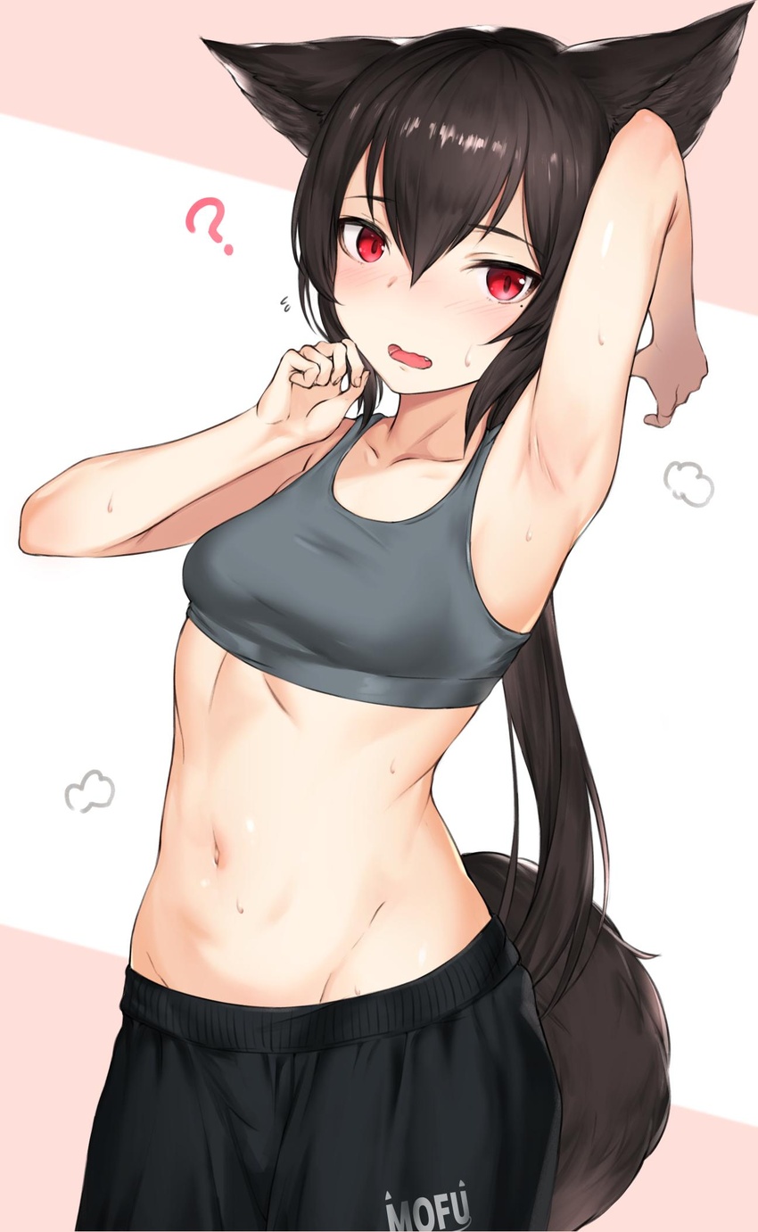 ? animal_ears arm_up armpits bad_id bad_twitter_id black_hair black_pants blush breasts female flying_sweatdrops grey_sports_bra groin hair_between_eyes highres long_hair looking_at_viewer mathew_(srmmk_mce) medium_breasts midriff mole mole_under_eye navel oerba_yun_fang open_mouth original pants presenting_armpit red_eyes simple_background solo sports_bra sportswear sweat tail very_long_hair