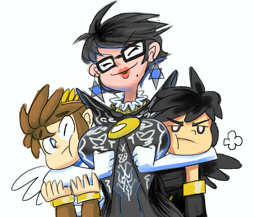 2boys affection angel angel_wings arms_around_neck bayonetta bayonetta_(character) beauty_mark big_breasts black_eyes black_hair blue_eyes breasts brown_hair cheek_bulge closed_eyes dark_pit earrings female female gauntlets glasses gloves hair hands_on_arms hugging kid_icarus kid_icarus_uprising lips lipstick male minus8 mole mole_under_eye nintendo pit_(kid_icarus) platinum_games sega size_difference smile super_smash_bros. uncomfortable unimpressed wings