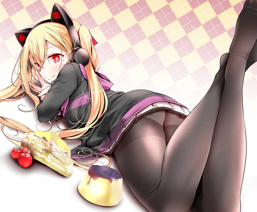 animal_ear_headphones animal_ears ass azur_lane bad_id bad_twitter_id black_pantyhose blonde_hair blush breasts cake candy cat_ear_headphones cherry commentary concord_(azur_lane) crossed_ankles fake_animal_ears feet feet_up female fine_fabric_emphasis food fruit hair_between_eyes hair_ribbon headphones hood hood_down hooded_jacket inactive_account jacket legs long_hair long_sleeves looking_back lying medium_breasts mole mole_under_eye mouth_hold no_shoes oerba_yun_fang on_stomach oouso open_clothes open_jacket pantyhose pleated_skirt pudding red_eyes red_ribbon ribbon sidelocks skirt solo star-shaped_pupils star_(symbol) symbol-shaped_pupils thighband_pantyhose thighs toes twintails twitter_username v white_skirt