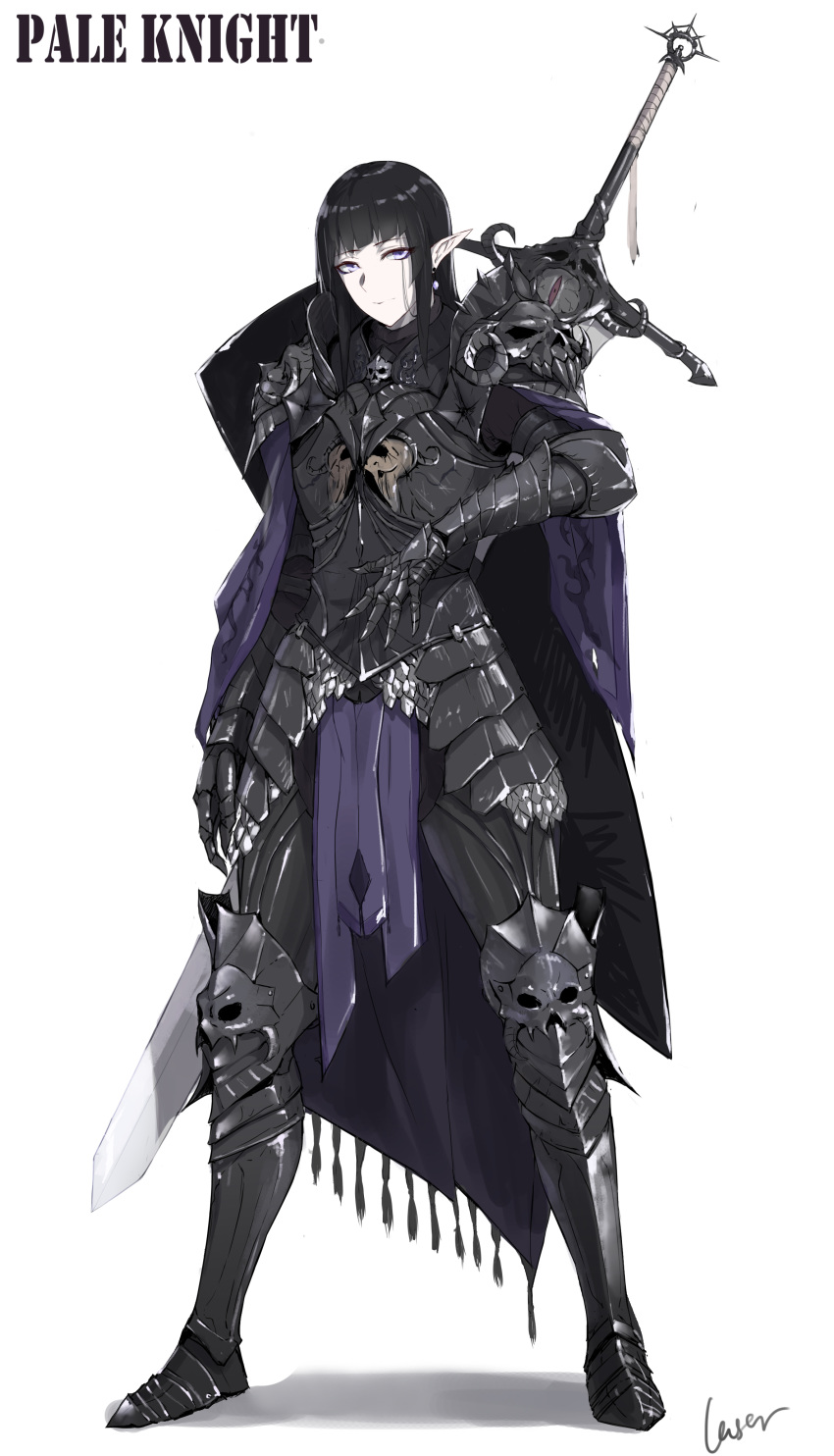 1other absurdres androgynous armor black_armor black_hair cape character_name chinese_commentary commentary_request earrings elf fantasy faulds full_body gauntlets greaves highres hime_cut huge_weapon jewelry laserflip original pale_skin pelvic_curtain photoshop_(medium) pointy_ears purple_eyes shield simple_background solo standing sword weapon weapon_on_back white_background