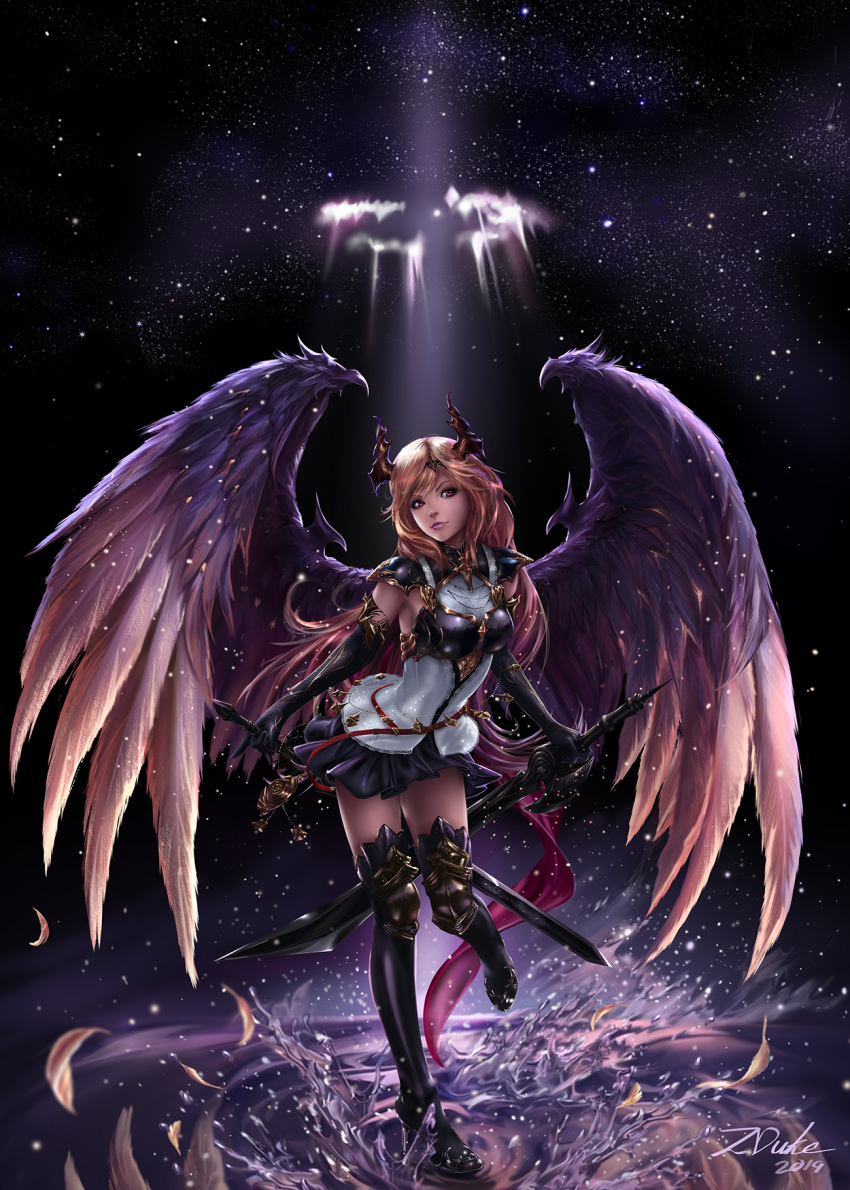 angel artist_name black_background black_footwear black_gloves black_thighhighs blue_skirt breasts commentary dark_angel_olivia dated dual_wielding elbow_gloves feathers female full_body gloves granblue_fantasy high_heels highres holding holding_sword holding_weapon horns light light_brown_hair long_hair looking_at_viewer medium_breasts multiple_weapons photoshop_(medium) red_eyes revision shadowverse sidelocks skirt solo splashing standing standing_on_one_leg sword thighhighs thighs water weapon wings zduke