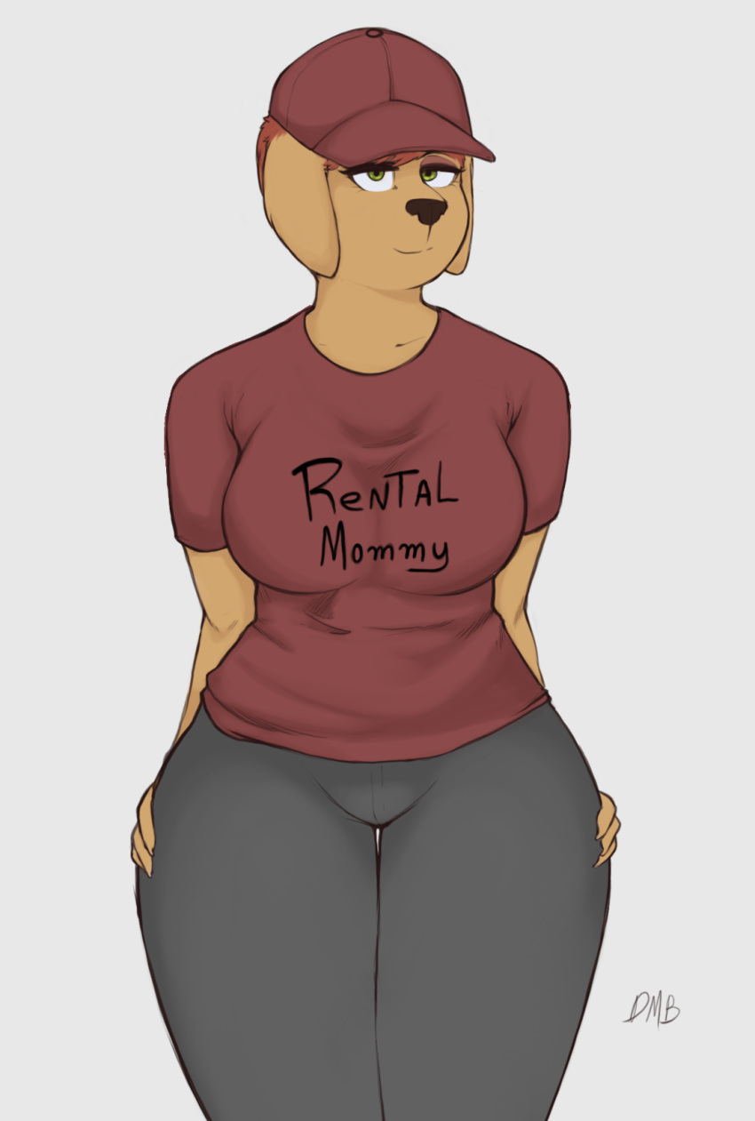 2019 breasts canid canine clothed clothing doggomeatball english_text female hair hat headgear headwear hi_res looking_at_viewer mammal mature_female meme meme_clothing rental_mommy rental_mommy_shirt sally_sherry_(doggomeatball) shirt simple_background solo text text_on_clothing text_on_shirt text_on_topwear topwear