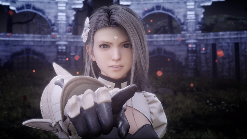 3d angry facial_mark female final_fantasy final_fantasy_xv forehead_mark gloves grey_eyes grey_hair highres long_hair pointing sara_(terra_battle) smile square_enix terra_battle