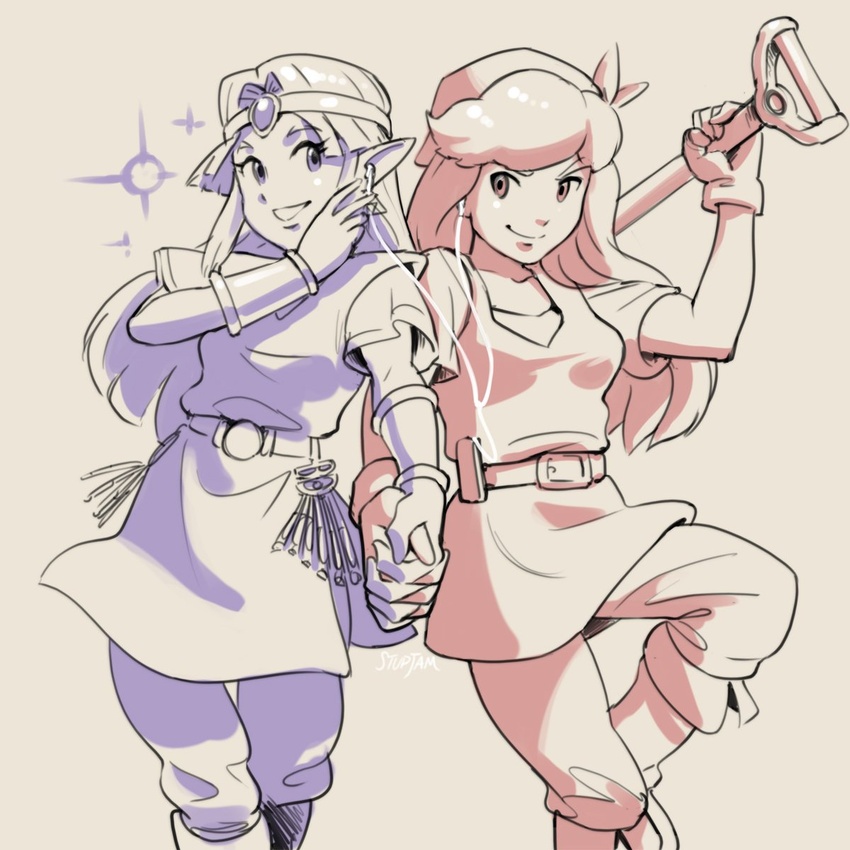 2girls bandana belt boots cadence_(necrodancer) cadence_of_hyrule circlet commentary_request crypt_of_the_necrodancer earphones hair_intakes highres holding_hands interlocked_fingers long_hair looking_at_viewer multiple_girls pointy_ears princess_zelda shared_earphones short_sleeves shovel smile standing standing_on_one_leg stup-jam the_legend_of_zelda tunic