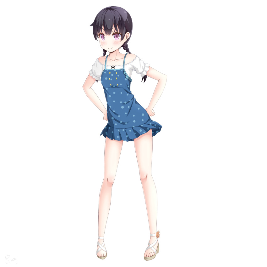 absurdres black_hair blue_dress blush braid collarbone commentary_request dress female full_body hands_on_own_hips highres leaning_forward long_hair looking_at_viewer momohara_natsuki off-shoulder_shirt off_shoulder one_room pinafore_dress pleated_dress polka_dot polka_dot_dress purple_eyes sainohikari shirt short_dress short_sleeves simple_background sleeveless sleeveless_dress smile solo twin_braids twintails white_background white_shirt