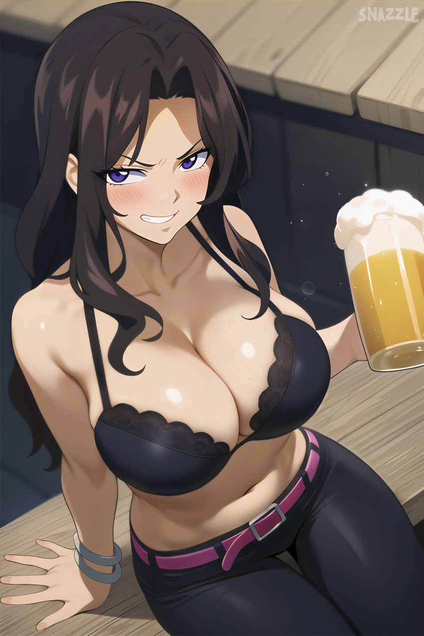 1girls ai_generated alcohol arm_support bare_shoulders beer beer_mug belt black_bra black_pants blush bra bracelet breasts brown_hair cana_alberona cleavage collarbone drink drinking_glass drunk fairy_tail foam holding holding_cup jewelry lace-trimmed_bra large_breasts long_hair looking_at_viewer mug navel pants purple_eyes sitting smile smirk snazzdaz snazzle solo solo_focus stable_diffusion teeth watermark wavy_hair