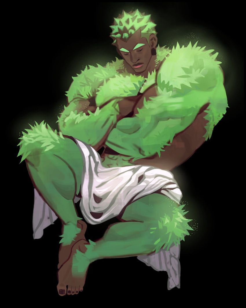 1boy bara body_fur buzz_cut closed_eyes crossed_arms dark-skinned_male dark_skin ed_(edufeart) full_body grass_boy green_fur highres large_pectorals loincloth male_focus mature_male monster_boy muscular muscular_male nail_polish original pectoral_lift pectorals plant_boy short_hair sideburns sitting sleeping solo thick_eyebrows toenail_polish toenails topless_male very_dark_skin very_hairy very_short_hair