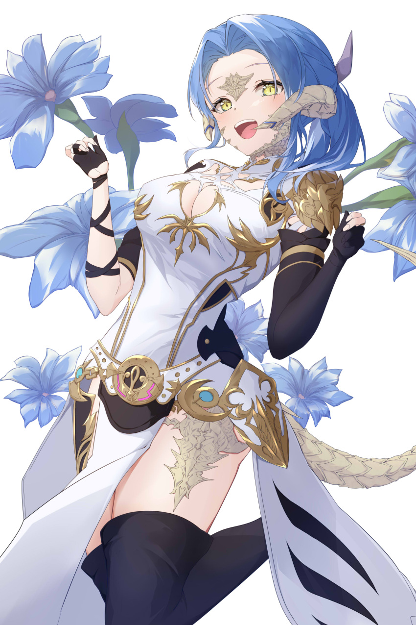 :d absurdres asymmetrical_gloves au_ra black_gloves black_thighhighs blue_flower blue_hair breasts cleavage cleavage_cutout clothing_cutout commentary_request commission dragon_girl dragon_horns dragon_tail dress elbow_gloves female final_fantasy final_fantasy_xiv flower gloves hands_up highres horns large_breasts long_hair partial_commentary partially_fingerless_gloves ponta_(velmar) scales simple_background single_elbow_glove skeb_commission smile solo standing standing_on_one_leg tail teeth thighhighs upper_teeth_only warrior_of_light_(ff14) white_background white_dress