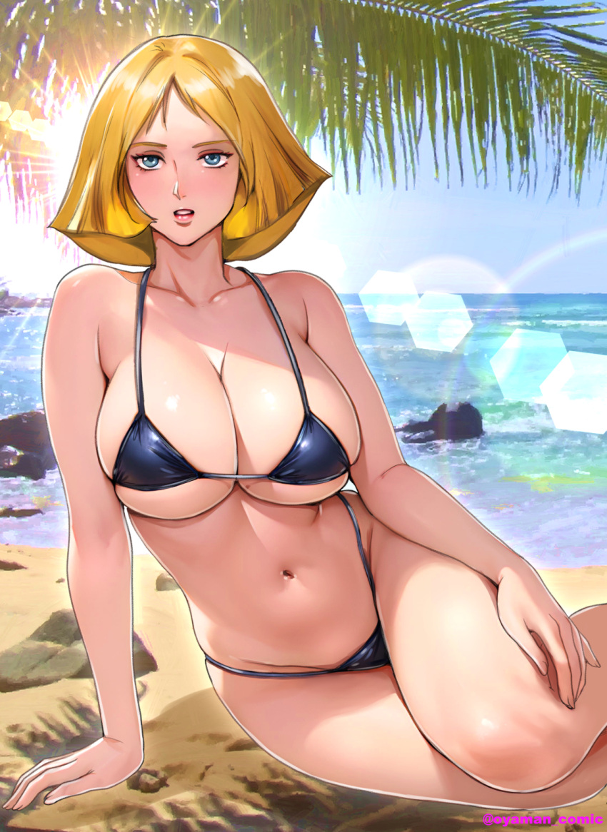 arm_support bare_arms bare_shoulders beach bikini black_bikini blonde_hair blue_eyes breasts collarbone commentary_request day feet_out_of_frame female gundam highleg highleg_bikini highres horizon lens_flare lipstick looking_at_viewer makeup mobile_suit_gundam navel ocean outdoors oyaman palm_tree parted_lips red_lips rock sand sayla_mass shore short_hair sitting solo stomach string_bikini sunlight swimsuit teeth thighs tree twitter_username water yokozuwari