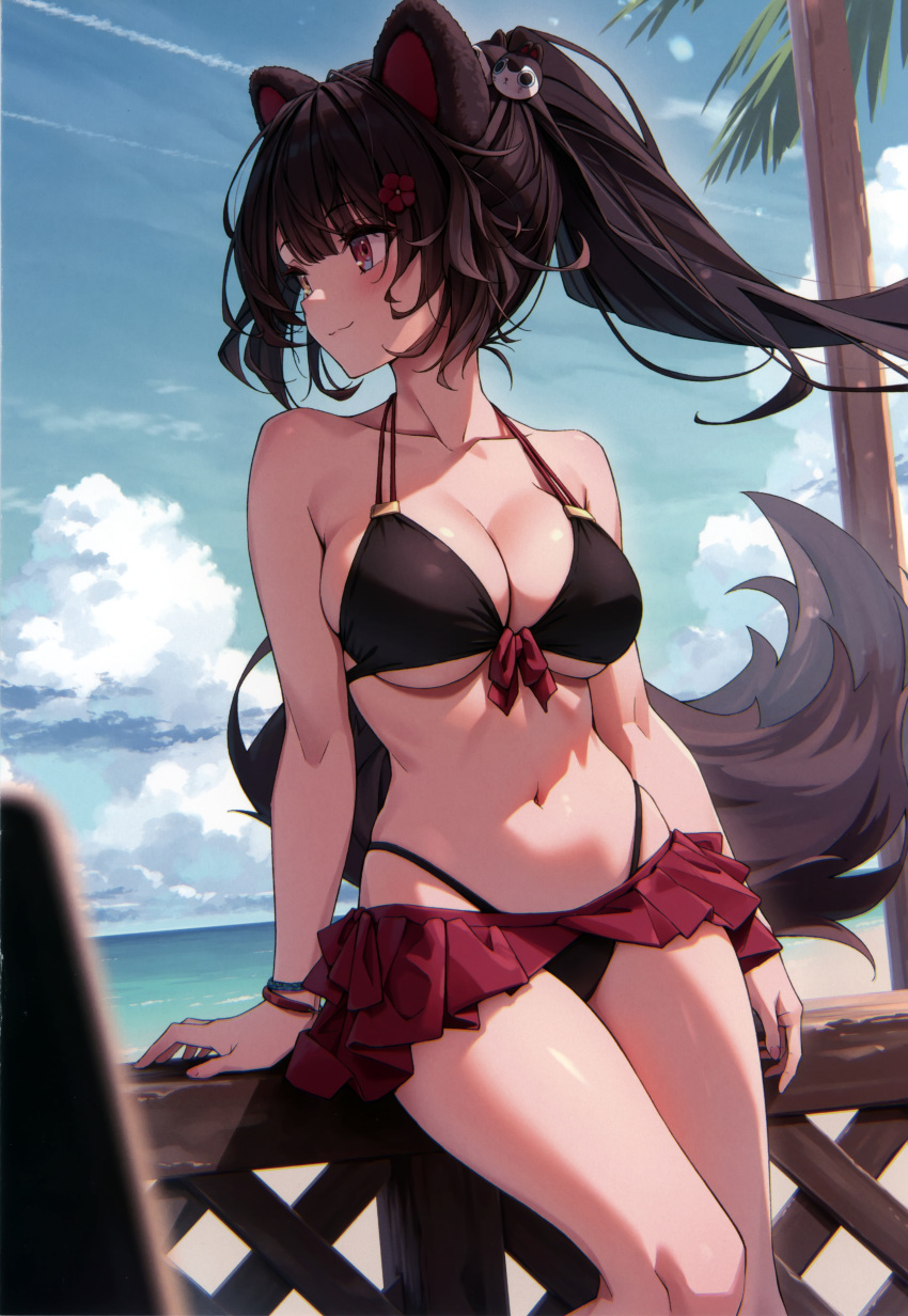 absurdres animal_ears arm_support bare_shoulders bikini bikini_skirt bracelet breasts brown_hair cleavage closed_mouth cloud cloudy_sky collarbone day female fingernails hair_bobbles hair_ornament hairclip heterochromia high_ponytail highleg highleg_bikini highres inui_toko jewelry kuro-kun_(nablack) large_breasts long_hair navel nijisanji ocean outdoors ponytail red_eyes scan shiny_skin sky smile solo stomach swimsuit tail thighs virtual_youtuber water yellow_eyes