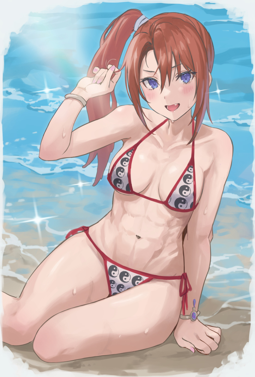 :d absurdres beach bikini blue_eyes blush bracelet breasts brown_hair collarbone commentary_request commission enporion female hair_between_eyes highres jewelry long_hair medium_breasts navel oerba_yun_fang open_mouth original pink_nails side_ponytail sitting skeb_commission smile solo sparkle swimsuit tomoe_(symbol) water white_bikini yin_yang yin_yang_print