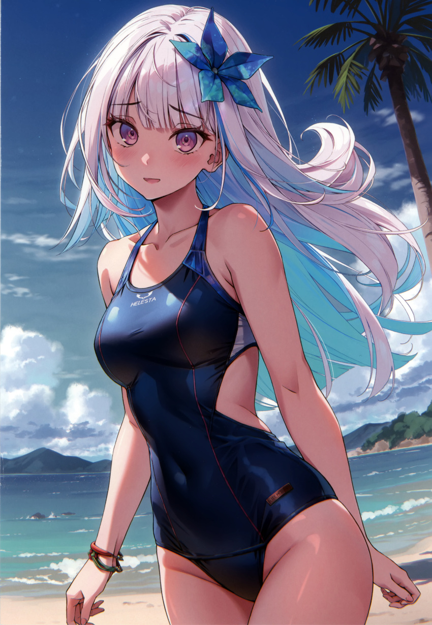 absurdres bare_shoulders beach blue_hair blue_sky blush bracelet breasts cloud cloudy_sky collarbone covered_navel day female gradient_hair hair_ornament highres jewelry kuro-kun_(nablack) lize_helesta looking_at_viewer medium_breasts multicolored_hair nijisanji ocean one-piece_swimsuit open_mouth outdoors palm_leaf palm_tree purple_eyes scan shiny_skin sky solo swimsuit thighs tree virtual_youtuber water white_hair