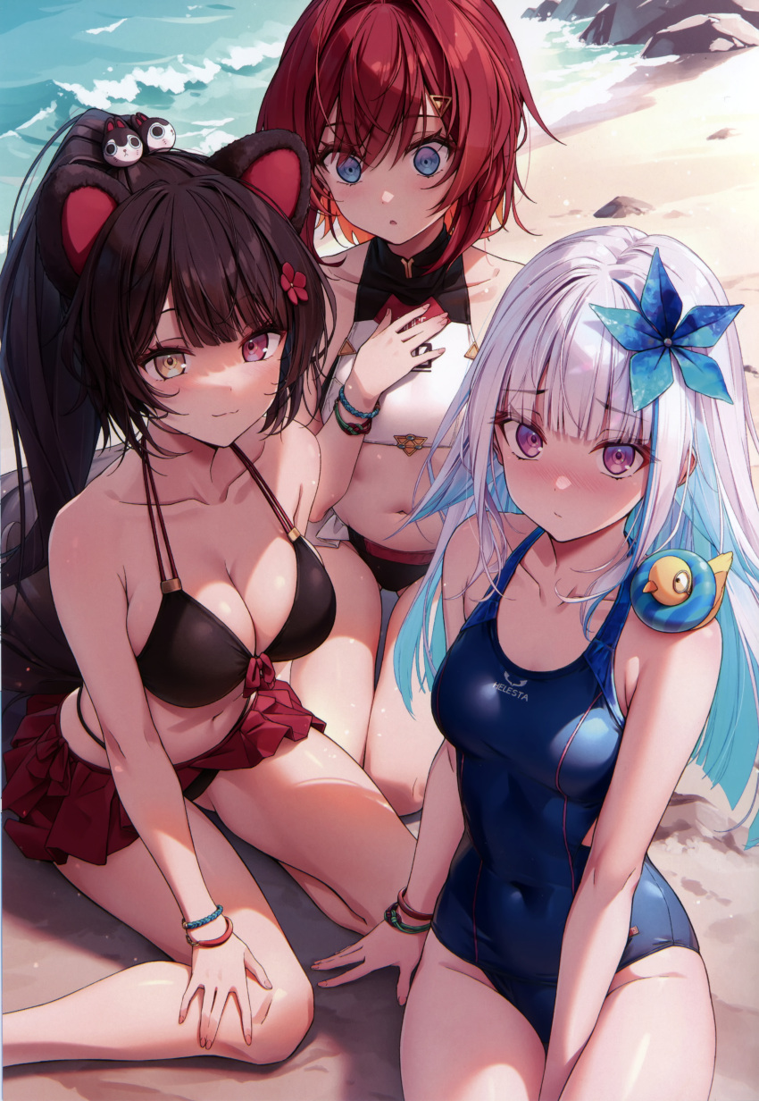 3girls absurdres ange_katrina animal animal_ears bare_shoulders beach bikini bird blue_eyes blush bracelet breast_envy breasts brown_hair cleavage closed_mouth collarbone covered_navel day fingernails flat_chest gradient_hair hair_bobbles hair_ornament hairclip hand_on_own_chest heterochromia high_ponytail highres innertube inui_toko jewelry kuro-kun_(nablack) lize_helesta looking_at_viewer monocle multicolored_hair multiple_girls navel nijisanji one-piece_swimsuit parted_lips ponytail purple_eyes red_eyes red_hair sanbaka_(nijisanji) scan sebastian_piyodore shiny_skin shore short_hair sitting smile stomach swim_ring swimsuit thighs virtual_youtuber water white_hair yellow_eyes