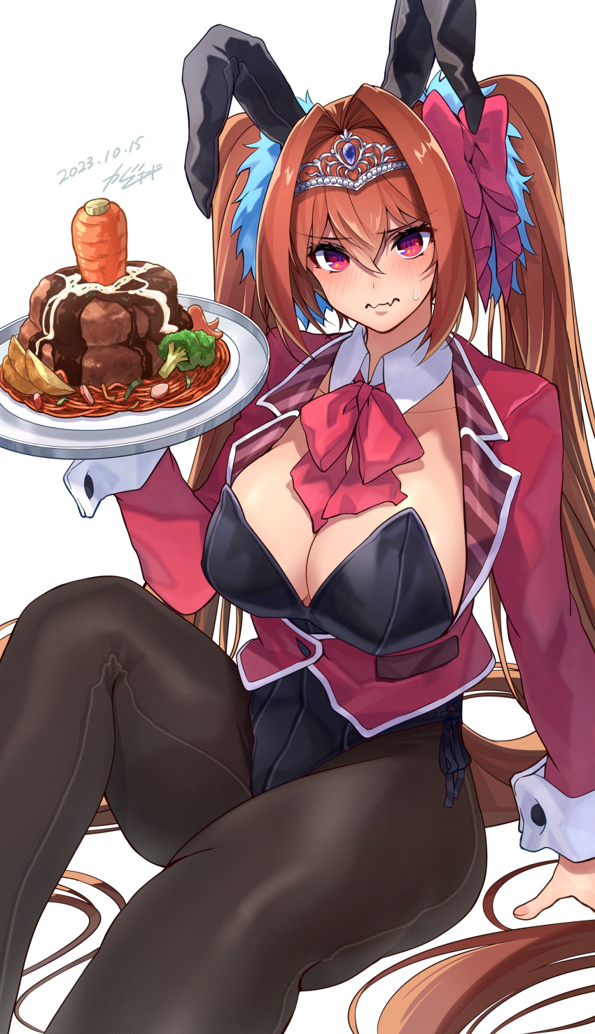 absurdres alternate_costume animal_ears antenna_hair black_pantyhose blush breasts brown_hair carrot cleavage commentary_request daiwa_scarlet_(umamusume) dated detached_collar fake_animal_ears female food gashitani hair_between_eyes hair_intakes hamburger_steak highres holding holding_plate horse_tail jacket large_breasts leotard long_hair looking_at_viewer napolitan oerba_yun_fang pantyhose pasta plate playboy_bunny rabbit_ears red_eyes red_jacket signature simple_background sitting skin_fang solo spaghetti strapless strapless_leotard tail tiara twintails umamusume very_long_hair wavy_mouth white_background wing_collar