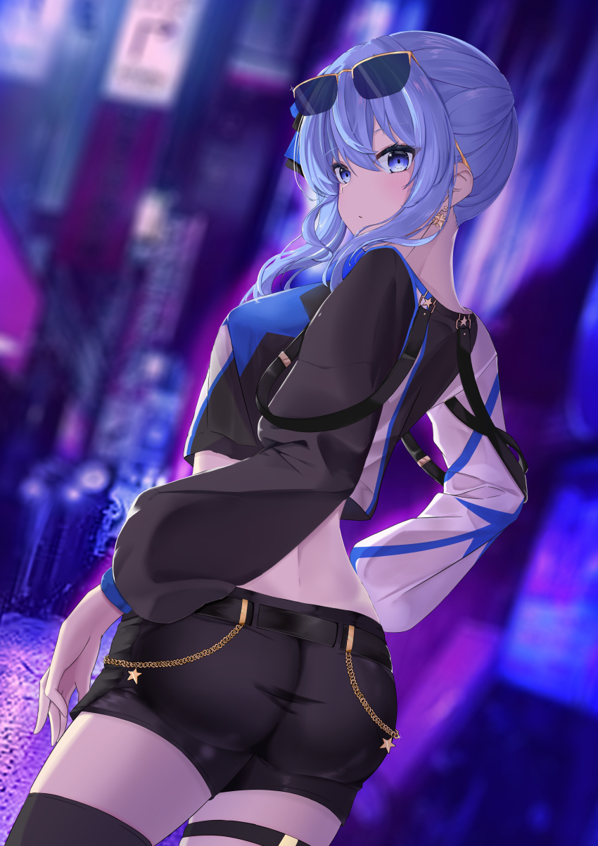 absurdres alley ass blue_eyes blue_hair blurry blurry_background breasts capsule_(hololive) chains crop_top earrings eyewear_on_head female from_behind highres hololive hoshimachi_suisei jewelry long_sleeves looking_at_viewer looking_back midriff night official_alternate_costume short_shorts shorts sidelocks single_thighhigh small_breasts solo star_(symbol) star_earrings star_in_eye sunglasses symbol_in_eye thigh_strap thighhighs thighs tokiyanagi virtual_youtuber