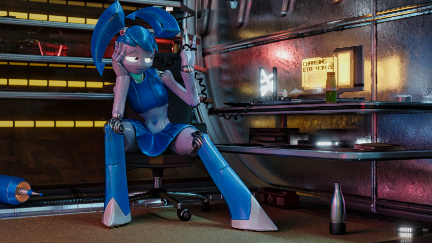 16:9 3d_(artwork) 4k absurd_res aged_up android black_eyes blender_(artwork) blue_bottomwear blue_clothing blue_hair blue_knee_socks blue_navel blue_skirt blue_topwear bored bottomwear carpeted_floor chair charge_cable charging_cable clothed clothing detailed_background digital_media_(artwork) elbow_on_knee female frown furniture hair head_in_hand hi_res humanoid jenny_wakeman looking_at_object luminous_eyes machine metal_hair metal_hand metal_table metallic metallic_body midriff my_life_as_a_teenage_robot navel nickelodeon office_chair on_chair raised_hand robot robot_humanoid science_fiction sitting sitting_on_chair skirt solo spread_legs spreading topwear warfare_jenny warfare_machine warfaremachine white_body white_thighs widescreen