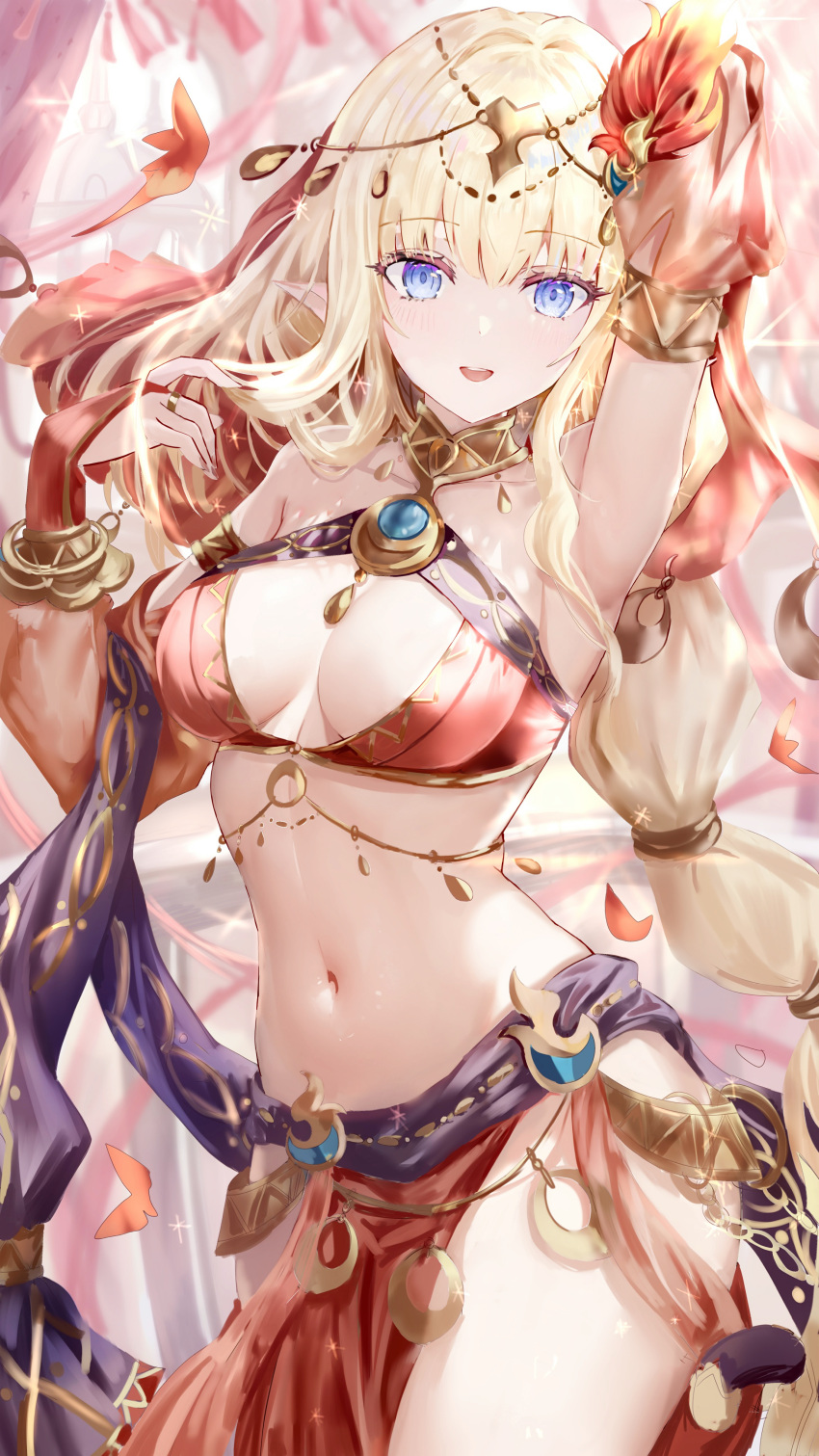 absurdres age_fx arm_behind_head arm_up armlet armpits bare_shoulders belly_chain bikini blonde_hair blue_eyes blush bracelet bracer braid braided_ponytail breasts brooch circlet cleavage commentary_request dancer detached_sleeves elf female fire_hair_ornament hair_ornament highres jewelry large_breasts long_hair looking_at_viewer navel neck_ring o-ring official_alternate_costume orange_bikini pointy_ears princess_connect! saren_(princess_connect!) saren_(sarasaria)_(princess_connect!) sarong sidelocks smile solo swimsuit thighs variant_set