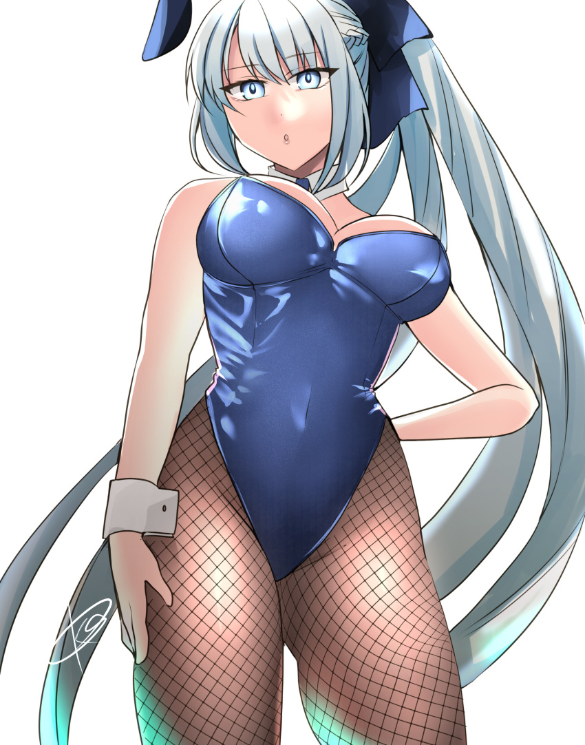 absurdres blue_bow blue_eyes blue_leotard bow braid breasts detached_collar fate/grand_order fate_(series) female fishnet_pantyhose fishnets grey_hair hairbow half_up_braid highleg highleg_leotard highres kankitsu_kei large_breasts leotard long_hair looking_at_viewer morgan_le_fay_(fate) pantyhose playboy_bunny ponytail sidelocks simple_background solo standing very_long_hair white_background white_wrist_cuffs wrist_cuffs