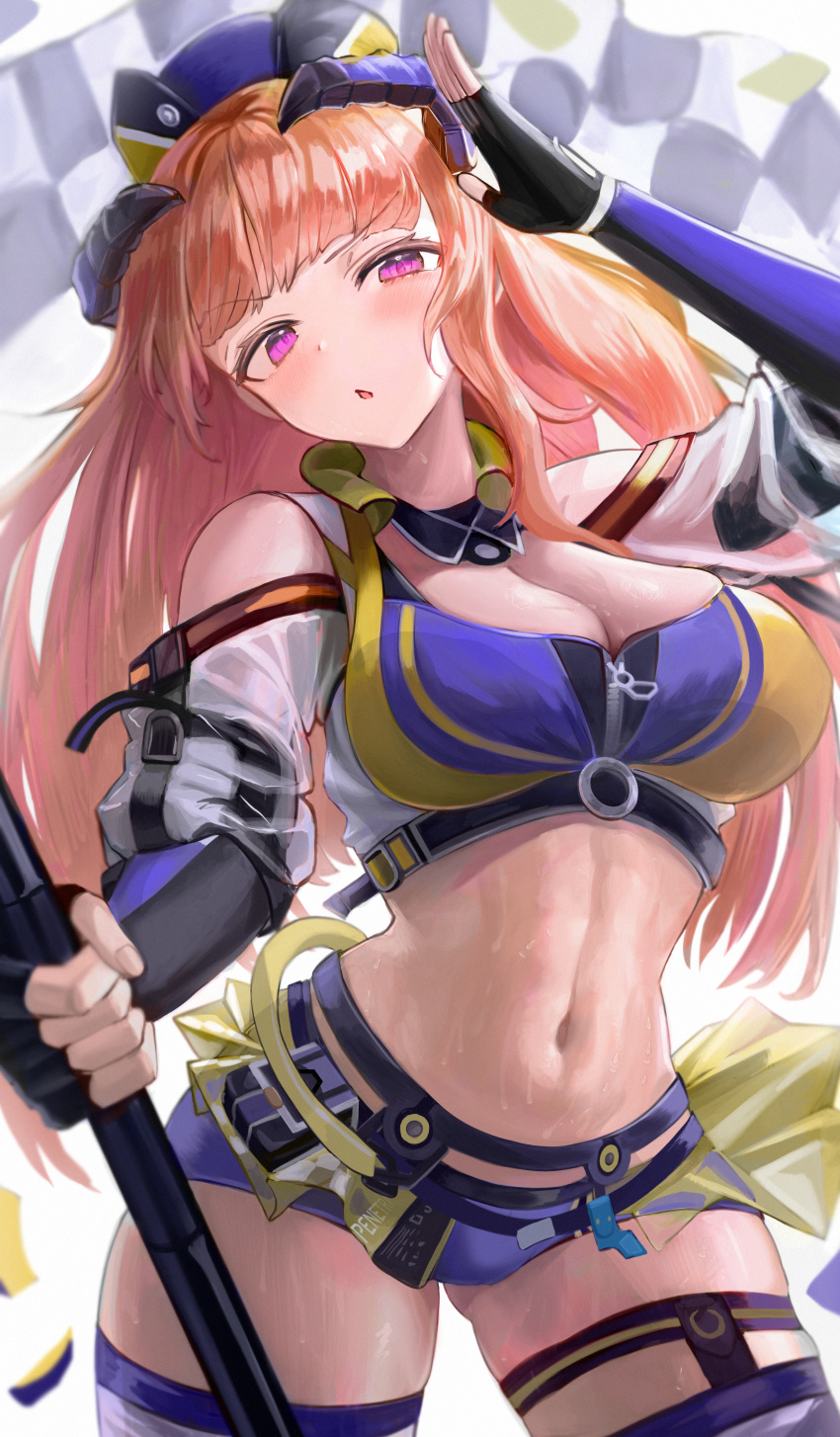 absurdres arknights arm_up bagpipe_(arknights) bagpipe_(queen_no._1)_(arknights) black_gloves blue_shorts breasts cleavage commentary_request cowboy_shot crop_top eabiasan female fingerless_gloves gloves hat head_tilt highres horns large_breasts long_hair looking_at_viewer micro_shorts midriff navel official_alternate_costume orange_hair parted_lips purple_eyes see-through see-through_skirt shorts showgirl_skirt skirt solo standing stomach thigh_strap thighhighs thighs very_long_hair