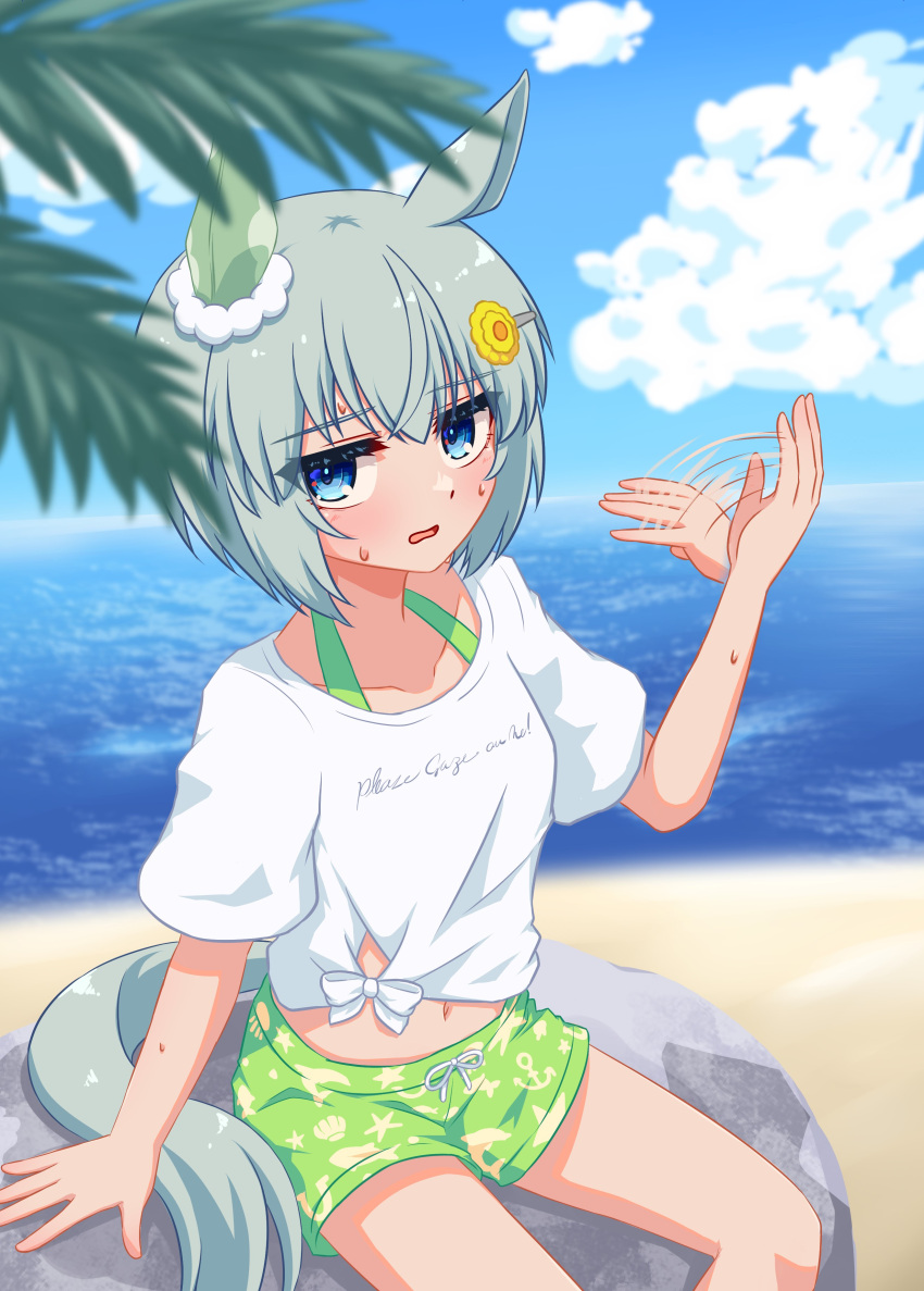 absurdres animal_ears bikini blue_eyes blue_sky blurry blurry_foreground cloud cloudy_sky commentary_request day ear_covers fanning_self female gaze_on_me!_outfit_(umamusume) green_bikini grey_hair hair_ornament hairclip highres horse_ears horse_girl lexis_yayoi ocean official_alternate_costume outdoors palm_tree seiun_sky_(umamusume) shirt short_sleeves single_ear_cover sitting sky solo sweat sweatdrop swimsuit teeth tree umamusume upper_body water white_shirt