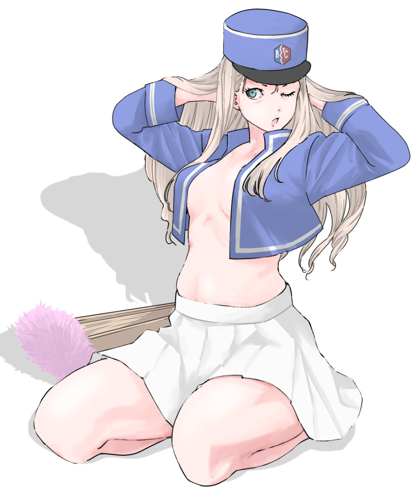 absurdres arms_up bare_legs bc_freedom_(emblem) bc_freedom_military_uniform belly blonde_hair blue_hat blue_jacket breasts drill_hair emblem female folding_fan frown girls_und_panzer green_eyes hand_fan hands_in_hair hat highres jacket kepi kneeling long_hair long_sleeves looking_at_viewer marie_(girls_und_panzer) medium_breasts military_hat military_uniform miniskirt no_shirt one_eye_closed open_mouth pleated_skirt plump shadow skirt skrmtl solo uniform white_skirt