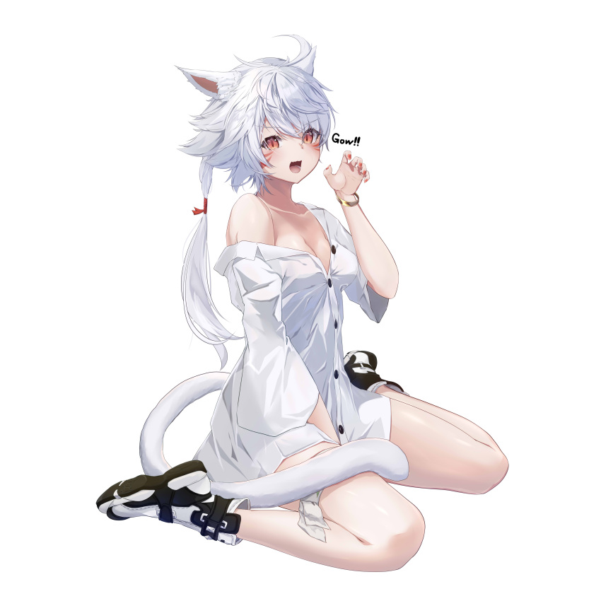 :d absurdres animal_ear_fluff animal_ears bangle between_legs bracelet breasts cat_ears cat_girl cat_tail claw_pose cleavage collared_shirt commentary_request commission dress_shirt female final_fantasy final_fantasy_xiv full_body grey_hair hair_between_eyes hand_between_legs hand_up highres jewelry long_hair medium_breasts miqo'te nail_polish naked_shirt off_shoulder orange_eyes partial_commentary ponta_(velmar) red_nails shirt shoes short_sleeves simple_background sitting skeb_commission smile solo tail very_long_hair wariza warrior_of_light_(ff14) white_background white_footwear white_shirt wide_sleeves