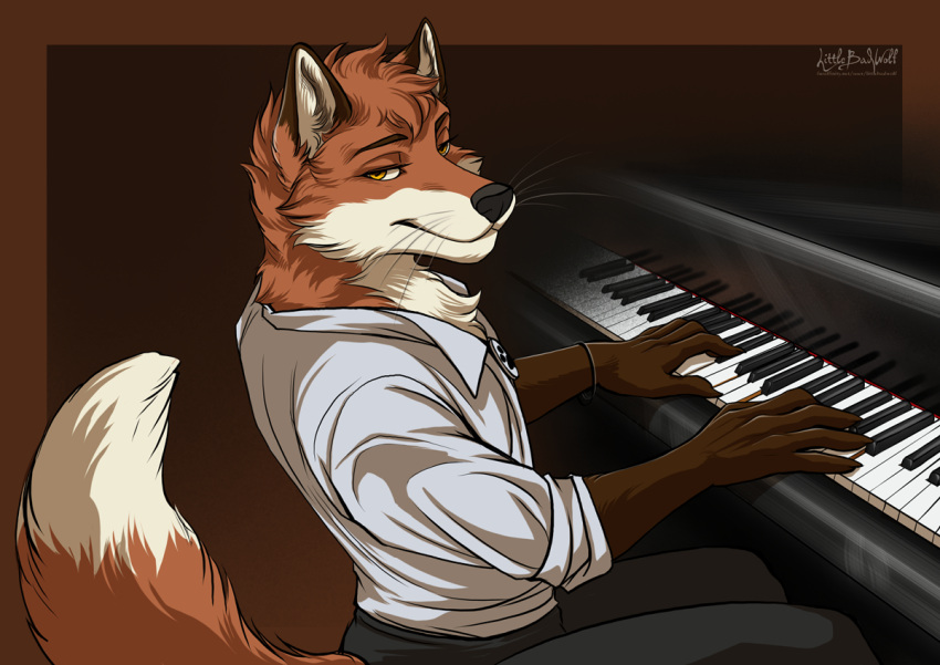 anthro bottomwear canid canine chest_tuft clothing dipstick_tail doppelfoxx fox jakkals_van_der_bergh_(doppelfoxx) jewelry keyboard_instrument littlebadwolf looking_at_viewer male mammal markings musical_instrument necklace orange_eyes pants piano playing_music playing_piano rolled_up_sleeves shirt signature simple_background sitting smile smiling_at_viewer smirk smirking_at_viewer solo tail tail_markings topwear tuft whiskers white_clothing white_shirt white_topwear