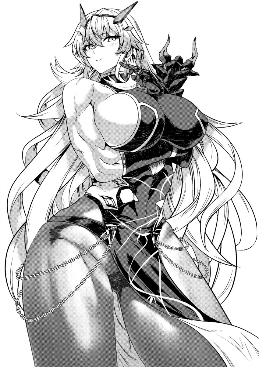 armor bare_shoulders barghest_(fate) barghest_(second_ascension)_(fate) blush breasts chains dress elbow_gloves fate/grand_order fate_(series) female gauntlets gloves greyscale highres horns kawabata_yoshihiro large_breasts long_hair looking_at_viewer monochrome muscular muscular_female pantyhose pauldrons pelvic_curtain shoulder_armor sideboob single_gauntlet single_pauldron smile solo thighs very_long_hair