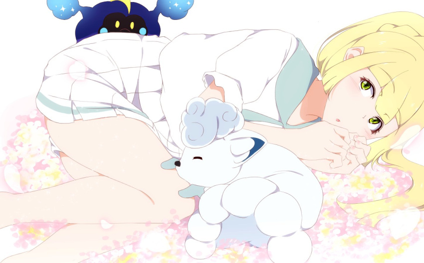 alolan_vulpix blonde_hair blunt_bangs blush cosmog eyelashes falling_petals fate_no_keshin female flower_bed green_eyes knees_to_chest lillie_(pokemon) long_hair looking_at_viewer lying on_side open_mouth own_hands_together peeking_out petals pink_nails pleated_skirt pokemon pokemon_sm ponytail shirt skirt sleeping_animal white_background white_shirt white_skirt