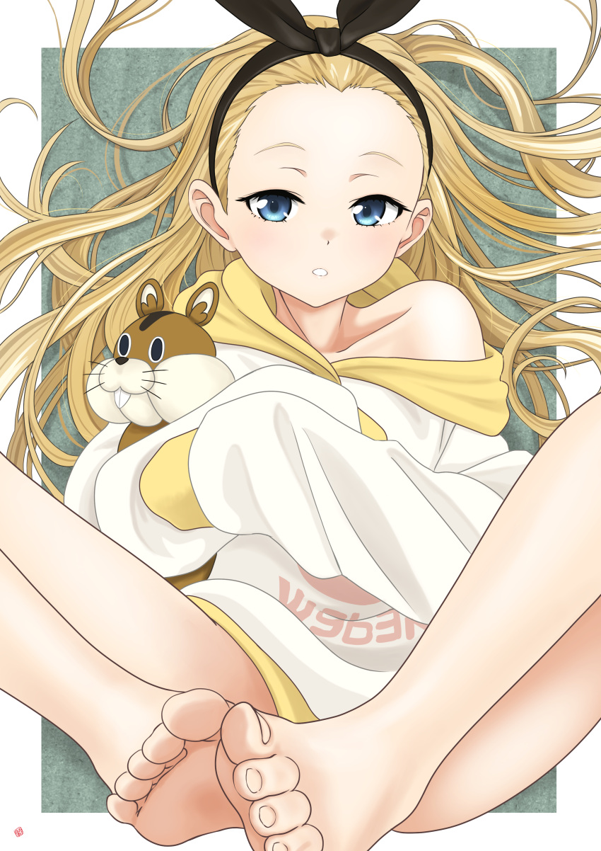 absurdres bare_legs barefoot black_hairband blonde_hair blue_eyes collarbone commentary_request expressionless feet female foot_focus forehead from_above hair_spread_out hairband highres holding holding_stuffed_toy hood hoodie knees_apart_feet_together kurumi_(lycoris_recoil) legs legs_up light_blush long_hair looking_at_viewer lycoris_recoil lying nao_suke on_back parted_lips petite single_bare_shoulder solo stuffed_toy teeth toenails toes very_long_hair white_hoodie