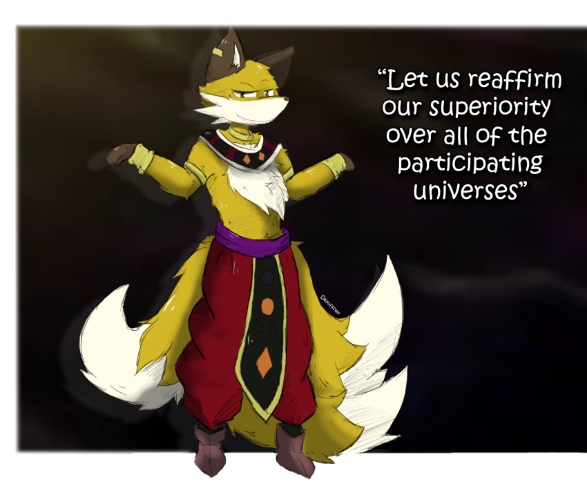 2017 3_tails alpha_channel anthro artist_name biped brown_eyes canid canine chest_tuft clothed clothing dapuffster dipstick_tail dragon_ball dragon_ball_super ear_piercing english_text fox front_view full-length_portrait fur hi_res liquiir looking_at_viewer male mammal markings multi_tail multicolored_body multicolored_fur piercing portrait solo tail tail_markings text topless tuft two_tone_body two_tone_fur white_body white_fur yellow_body yellow_fur